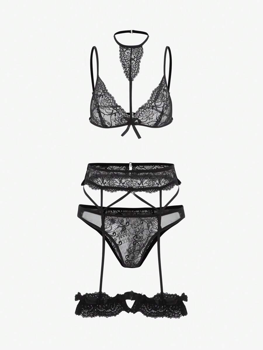 Classic Sexy 5入組花卉蕾絲蝴蝶結細節無鋼圈吊帶襪內衣套裝 - 黑色 - 查看 1