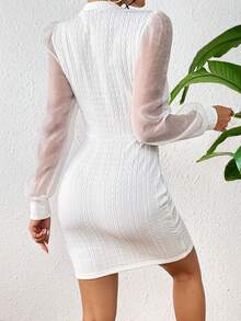 SHEIN Unity 網紗拼接泡泡袖小高領緊身洋裝 - 白色 - 查看 2