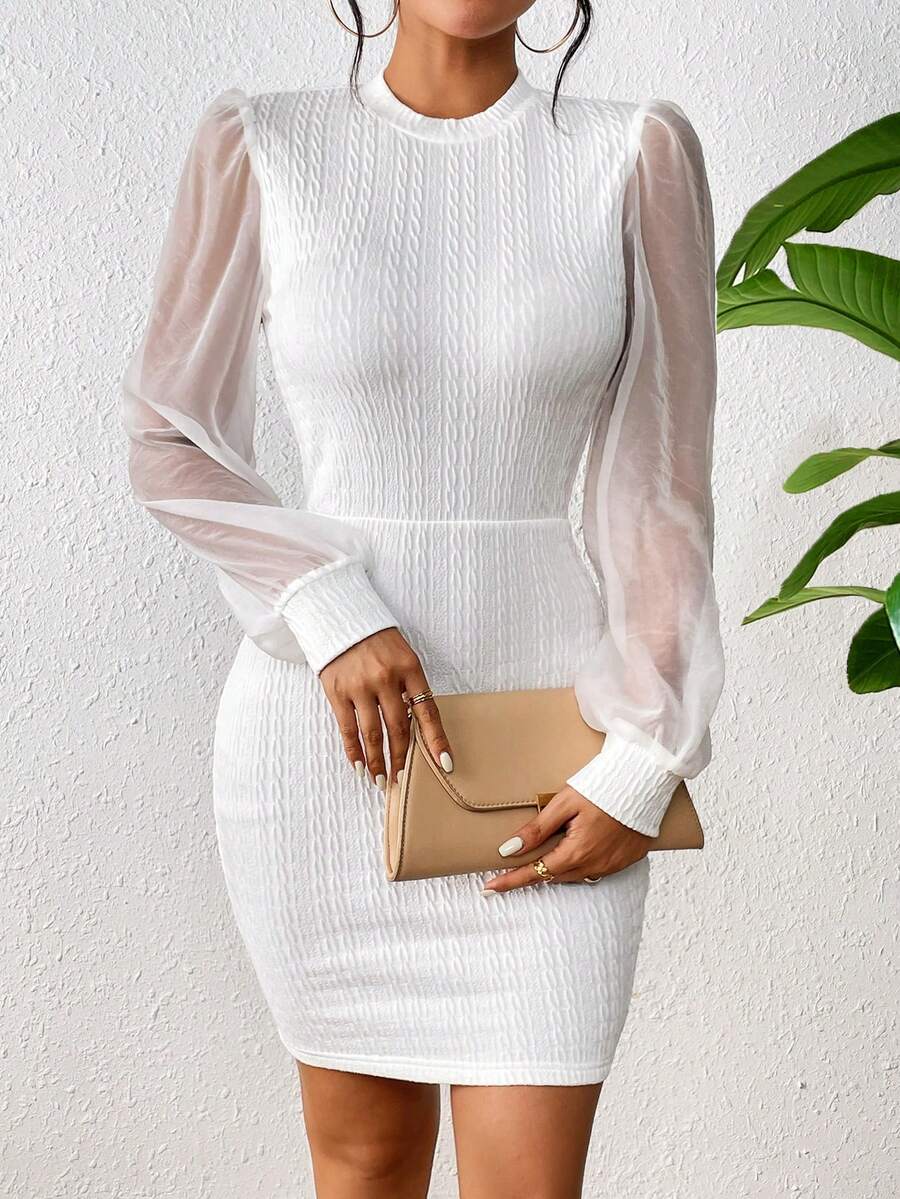 SHEIN Unity 網紗拼接泡泡袖小高領緊身洋裝 - 白色 - 查看 1