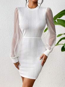 SHEIN Unity 網紗拼接泡泡袖小高領緊身洋裝 - 白色 - 查看 4