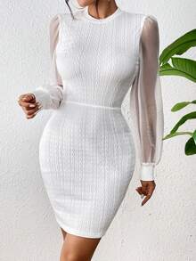 SHEIN Unity 網紗拼接泡泡袖小高領緊身洋裝 - 白色 - 查看 5