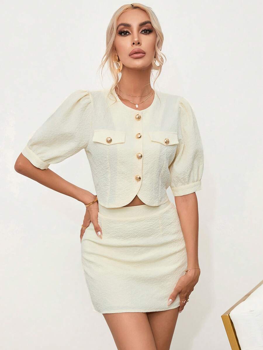 SHEIN Privé 泡泡袖前紐扣短款襯衫&半身裙 - 米色 - 查看 1