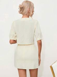 SHEIN Privé 泡泡袖前紐扣短款襯衫&半身裙 - 米色 - 查看 3