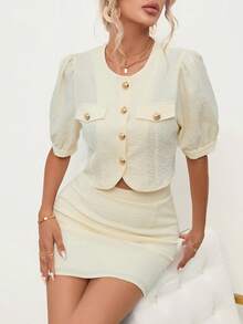 SHEIN Privé 泡泡袖前紐扣短款襯衫&半身裙 - 米色 - 查看 5