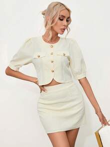 SHEIN Privé 泡泡袖前紐扣短款襯衫&半身裙 - 米色 - 查看 2