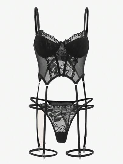 Seduluxe 4pack Bloemen Kanten Cut Out Garter Underwire Corset String Lingerie Set, Baddie Look view 3