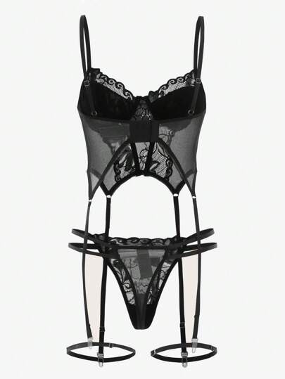 Seduluxe 4pack Bloemen Kanten Cut Out Garter Underwire Corset String Lingerie Set, Baddie Look view 6