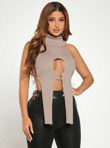 SHEIN SXY Cut Out High Neck Asymmetrical Hem Knit Top - Apricot - View 1