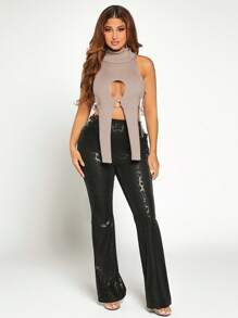 SHEIN SXY Cut Out High Neck Asymmetrical Hem Knit Top - Apricot - View 3