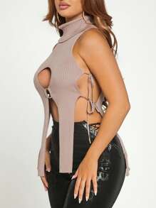 SHEIN SXY Cut Out High Neck Asymmetrical Hem Knit Top - Apricot - View 4