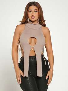 SHEIN SXY Cut Out High Neck Asymmetrical Hem Knit Top - Apricot - View 5