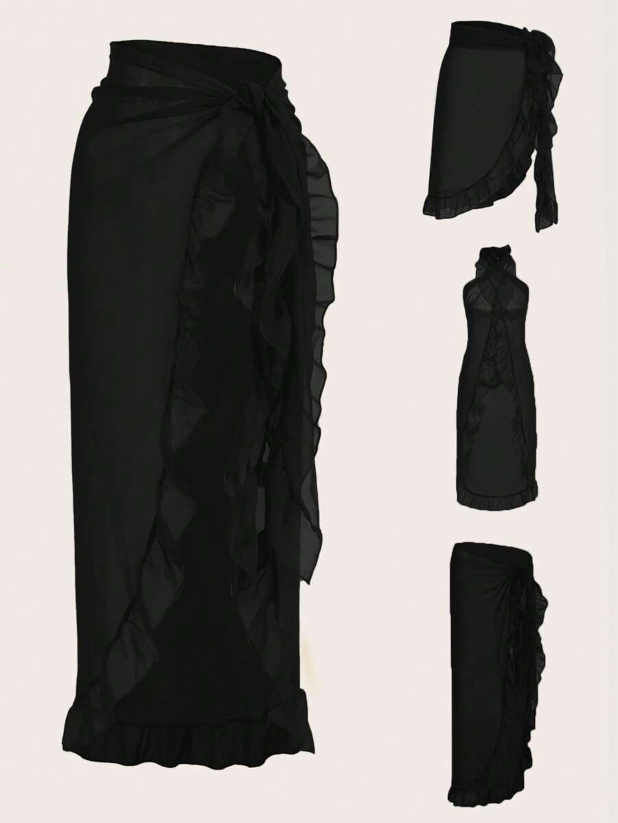 Swim Oasis Viền Ruffle Cà vạt Váy che - màu đen - Xem 1