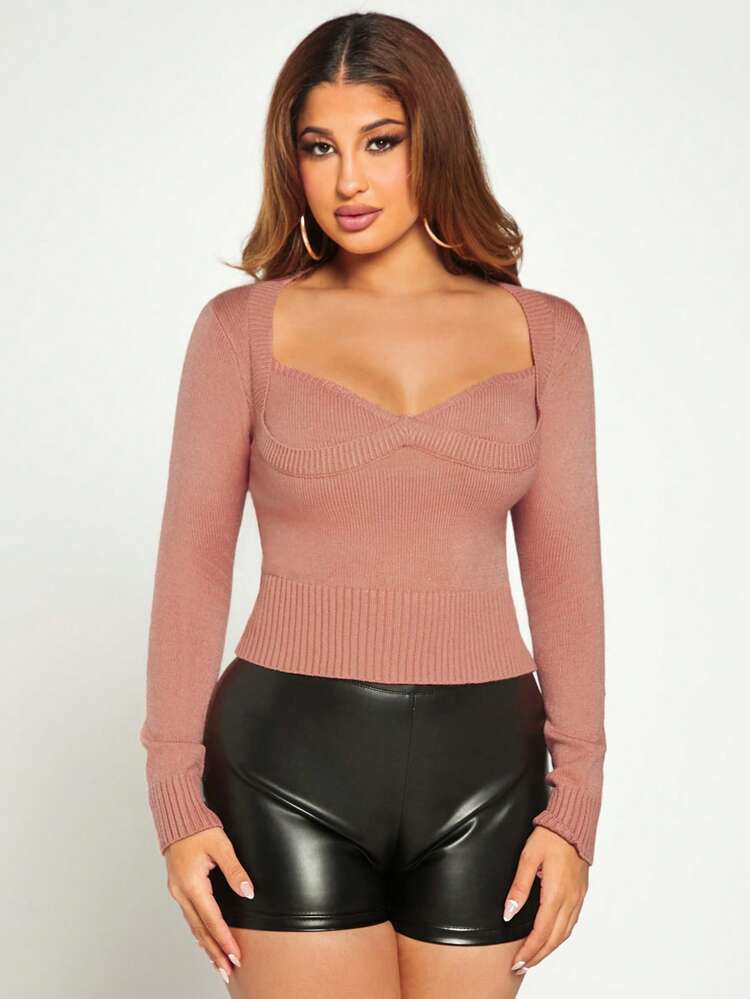 Sweetheart Neck Ribbed Knit Sweater