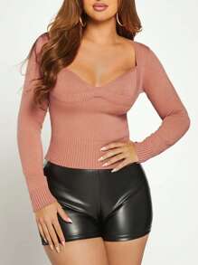 SHEIN SXY Sweetheart Neck Ribbed Knit Sweater - Dusty Pink - View 4