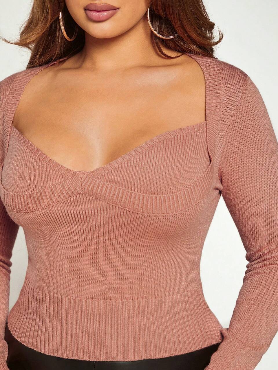 Sweetheart Neck Ribbed Knit Sweater
