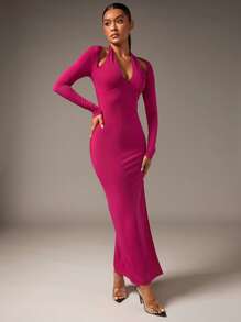 SHEIN BAE 鏤空高衩繞頸緊身洋裝 - 玫紅色 - 查看 4