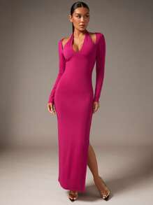 SHEIN BAE 鏤空高衩繞頸緊身洋裝 - 玫紅色 - 查看 1