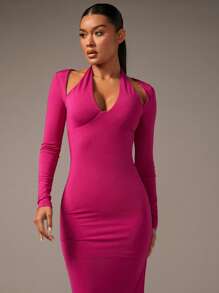 SHEIN BAE 鏤空高衩繞頸緊身洋裝 - 玫紅色 - 查看 5