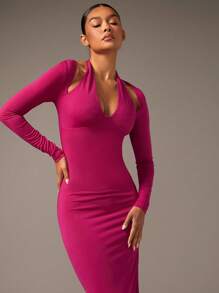 SHEIN BAE 鏤空高衩繞頸緊身洋裝 - 玫紅色 - 查看 6