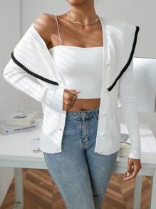 SHEIN Privé 撞色滾邊誇大領口前紐扣開襟衫 - 白色 - 查看 2