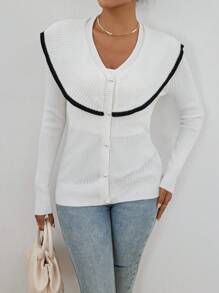 SHEIN Privé 撞色滾邊誇大領口前紐扣開襟衫 - 白色 - 查看 5