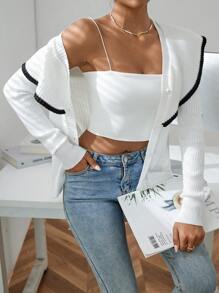 SHEIN Privé 撞色滾邊誇大領口前紐扣開襟衫 - 白色 - 查看 1