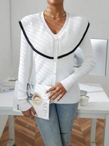 SHEIN Privé 撞色滾邊誇大領口前紐扣開襟衫 - 白色 - 查看 6