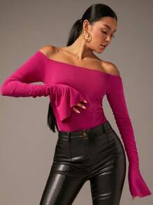 SHEIN BAE Off Shoulder Flounce Sleeve Bodysuit - Hot Pink - View 1