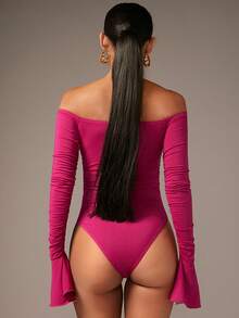 SHEIN BAE Off Shoulder Flounce Sleeve Bodysuit - Hot Pink - View 2