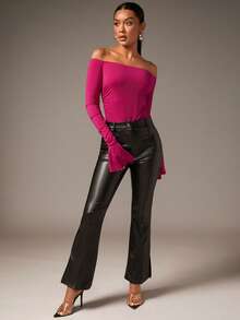 SHEIN BAE Off Shoulder Flounce Sleeve Bodysuit - Hot Pink - View 4