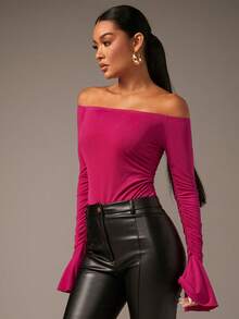 SHEIN BAE Off Shoulder Flounce Sleeve Bodysuit - Hot Pink - View 6