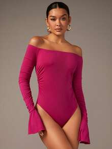 SHEIN BAE Off Shoulder Flounce Sleeve Bodysuit - Hot Pink - View 3
