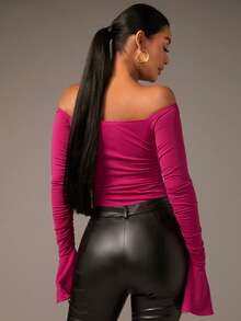 SHEIN BAE Off Shoulder Flounce Sleeve Bodysuit - Hot Pink - View 7