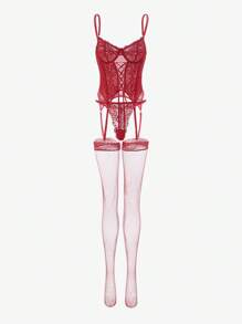 4pack Contrast Lace Lace-Up Front Underwire Corset Lingerie Set Bridallingerie - Red - View 3