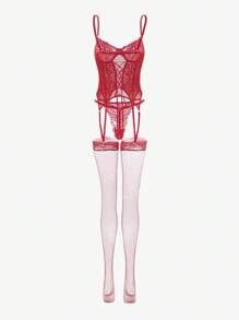 4pack Contrast Lace Lace-Up Front Underwire Corset Lingerie Set Bridallingerie - Red - View 4