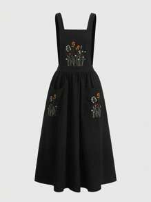 Fairycore 花卉刺繡背帶裙 - 黑色 - 查看 5