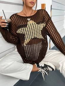 Flirla Plus Star Pattern Hollow Out Drop Shoulder Open Knit Sweater - Coffee Brown - View 2