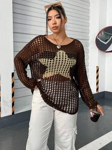 Flirla Plus Star Pattern Hollow Out Drop Shoulder Open Knit Sweater - Coffee Brown - View 4