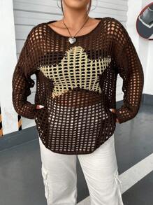 Flirla Plus Star Pattern Hollow Out Drop Shoulder Open Knit Sweater - Coffee Brown - View 1