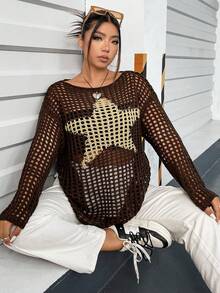 Flirla Plus Star Pattern Hollow Out Drop Shoulder Open Knit Sweater - Coffee Brown - View 5