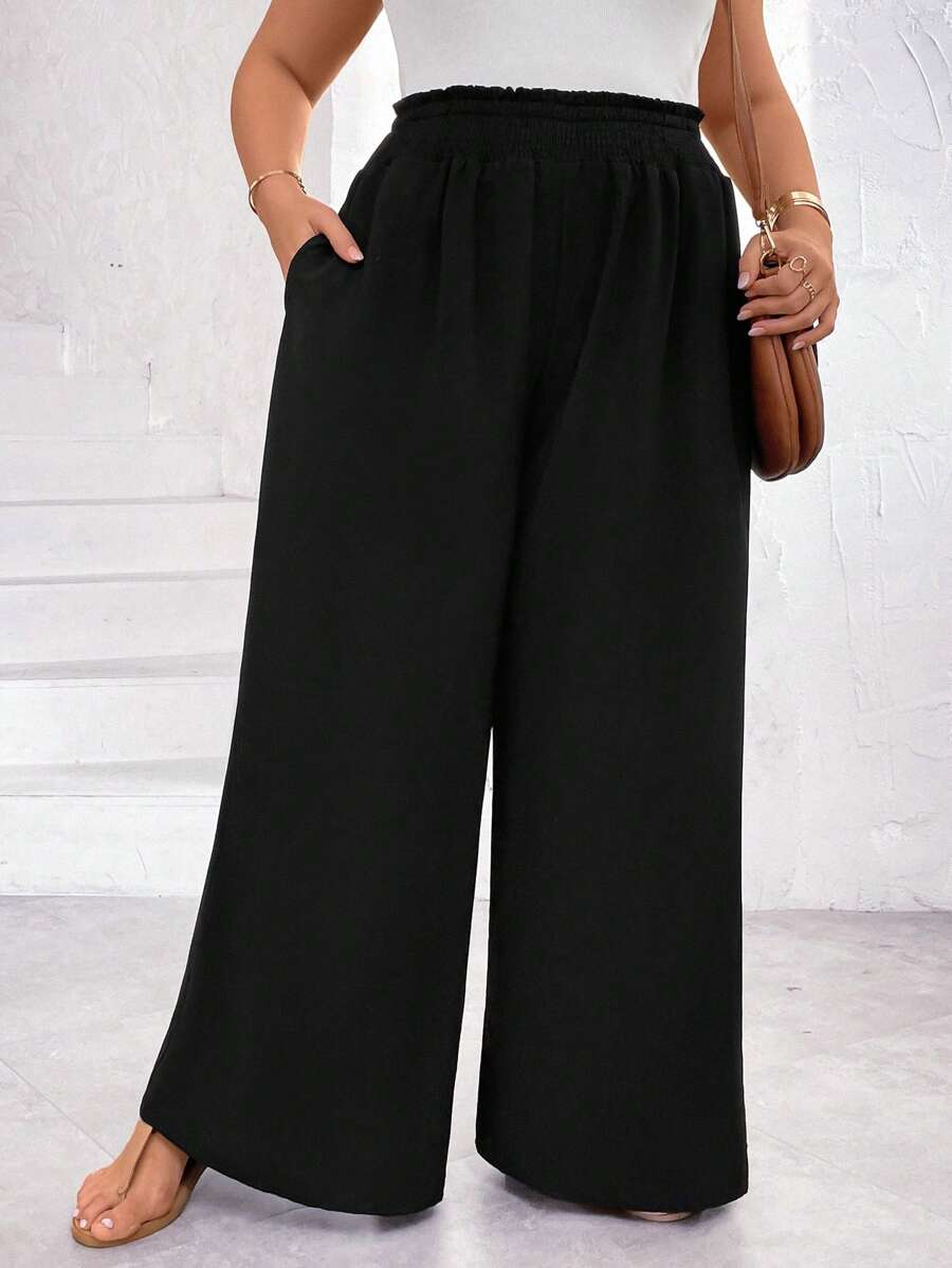 SHEIN Unity Plus Paperbag Waist Wide Leg Trousers - Black - View 1