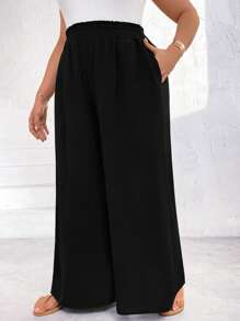 SHEIN Unity Plus Paperbag Waist Wide Leg Trousers - Black - View 4