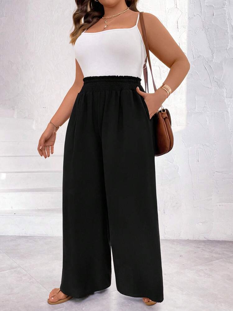 SHEIN Unity Plus Paperbag Waist Wide Leg Pants - Black - View 7
