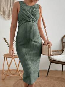 SHEIN Maternity Solid Ribbed Knit Cross Wrap Tie Back Split Thigh Dress - Army Green - View 1