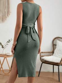 SHEIN Maternity Solid Ribbed Knit Cross Wrap Tie Back Split Thigh Dress - Army Green - View 2