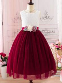 SHEIN Glamorique Kids Tween Girl Stereo Flower Mesh Hem Party Dress - Burgundy - View 1