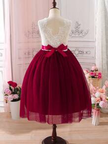 SHEIN Glamorique Kids Tween Girl Stereo Flower Mesh Hem Party Dress - Burgundy - View 2