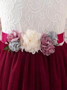 SHEIN Glamorique Kids Tween Girl Stereo Flower Mesh Hem Party Dress - Burgundy - View 4