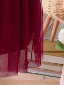 SHEIN Glamorique Kids Tween Girl Stereo Flower Mesh Hem Party Dress - Burgundy - View 7