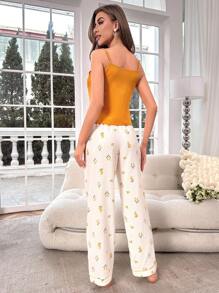 Floral Print Contrast Piping PJ Set / Pajama Set - Yellow - View 2